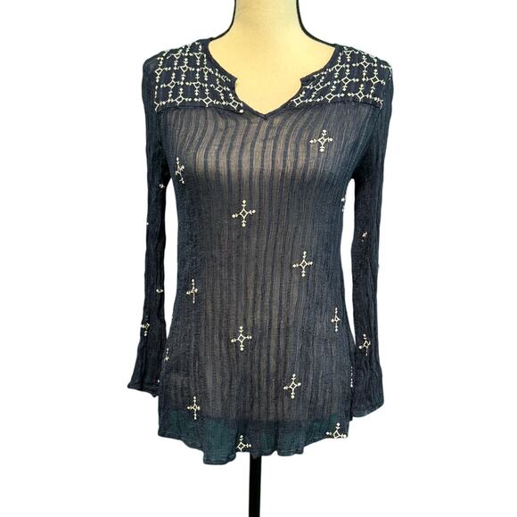 Lucky Brand Navy Blue Sheer Crinkle Long Sleeve Blouse Women's Small - Picture 1 of 10